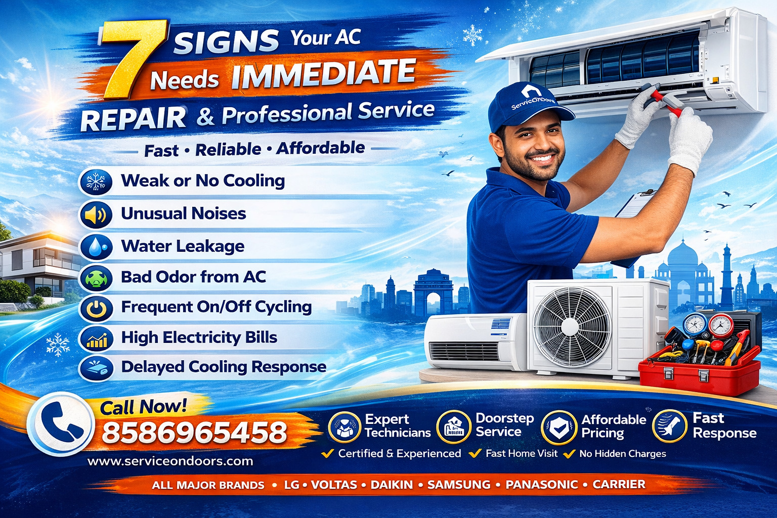 7 Signs Your AC Needs Immediate Repair & Service in India | Expert AC Solutions | ServiceOnDoors | 8586965458